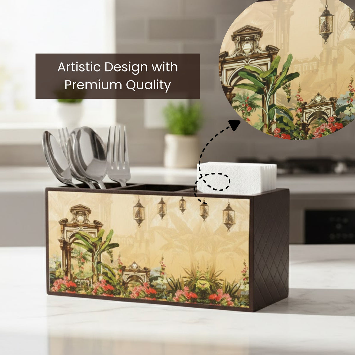 **Home Sparkle Wooden Cutlery & Tissue Holder | Decorative Tabletop Organizer with Separate Compartments | Spoon, Fork & Napkin Storage Box | Printed MDF Dining Table Organizer**