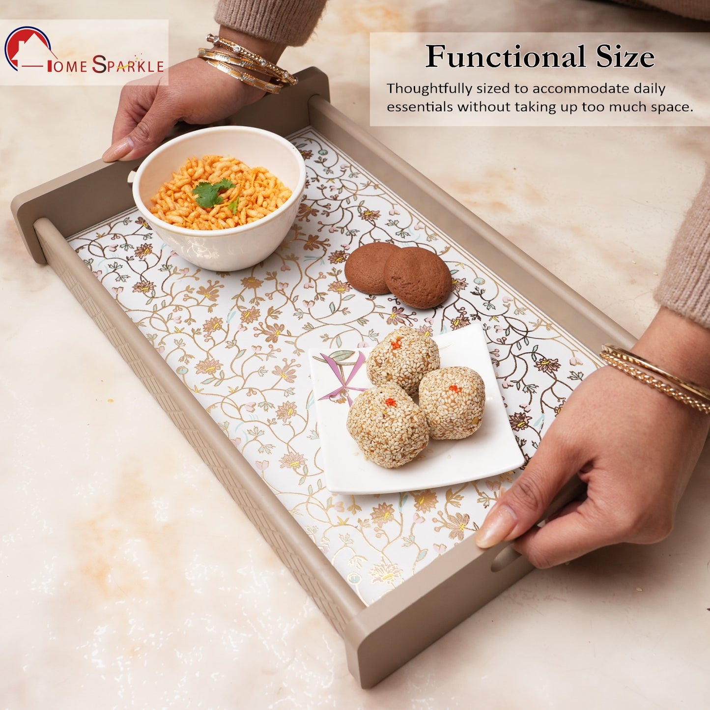 Wooden Serving Tray Set of 3 – Sizes 16x10, 14x8 & 12x6 inch | Water-Resistant | MDF Print | Engineered Wood | Rectangular, Strong & Durable