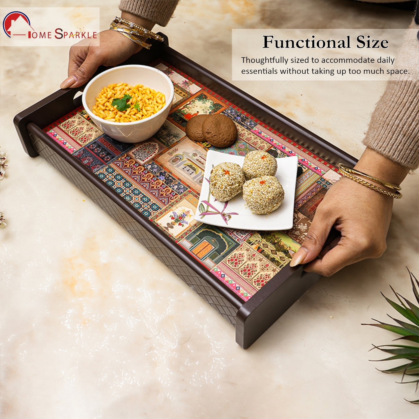 Home Sparkle Wooden Serving Tray Set of 3 | Decorative Printed MDF Breakfast & Coffee Trays with Handles | Multipurpose Serving & Organizer Trays | Water Resistant Finish
