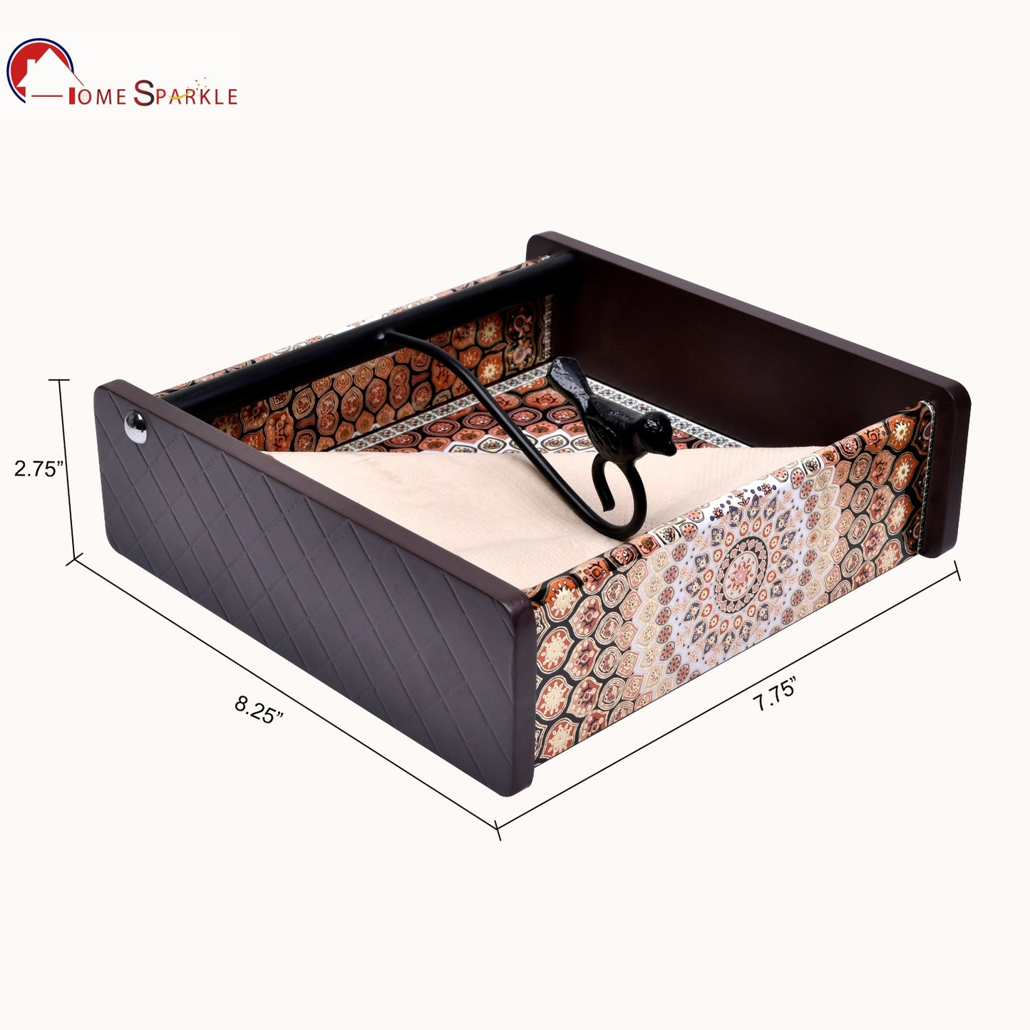 Wooden Tissue Box Holder for Dining Table & Living Room | Elegant Printed Napkin Organizer with Metal Handle