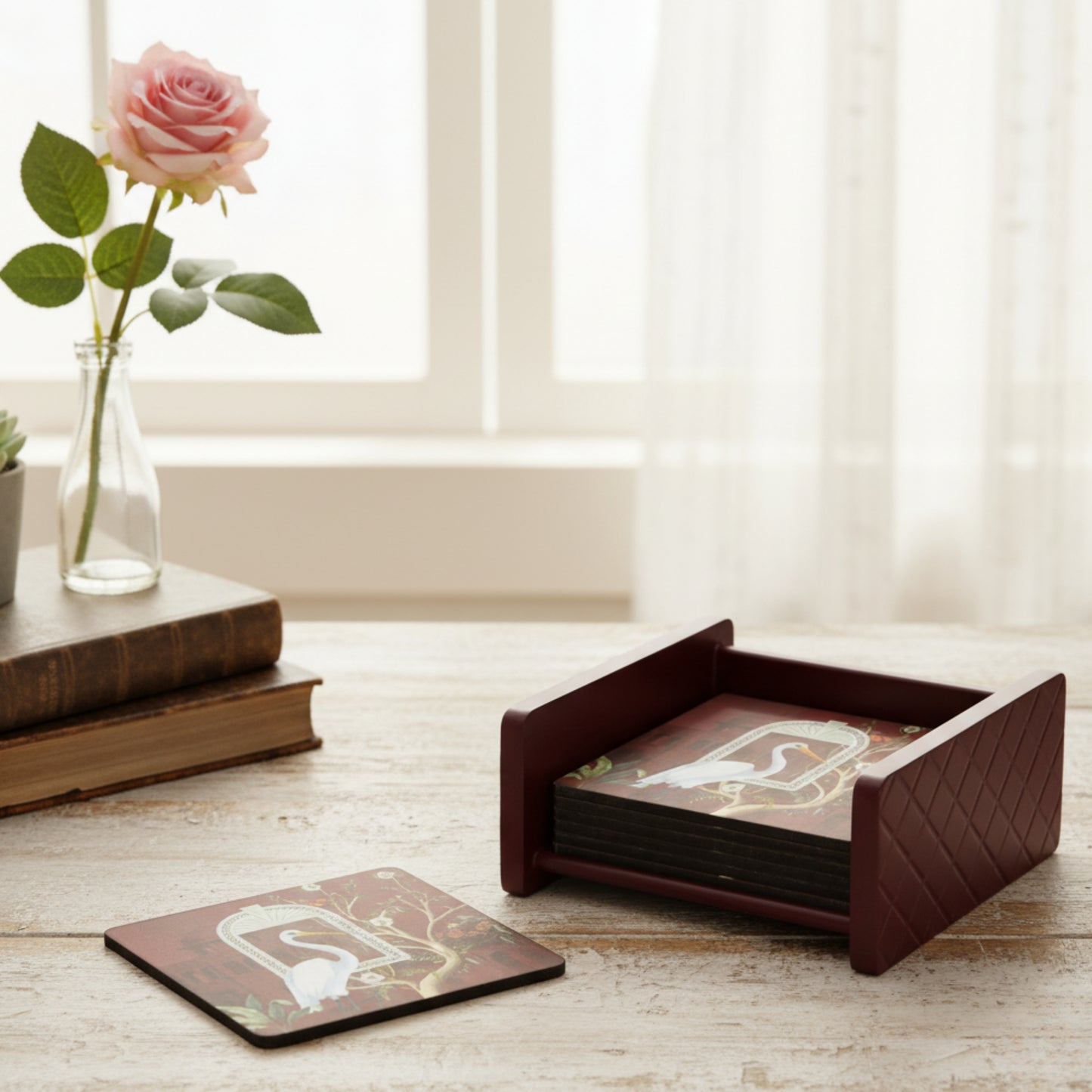 Coasters Set for Dining Table – Tea Coasters for Cups & Mugs | Elegant Table Décor Accessories – Set of 6 with Holder – Durable & Stylish