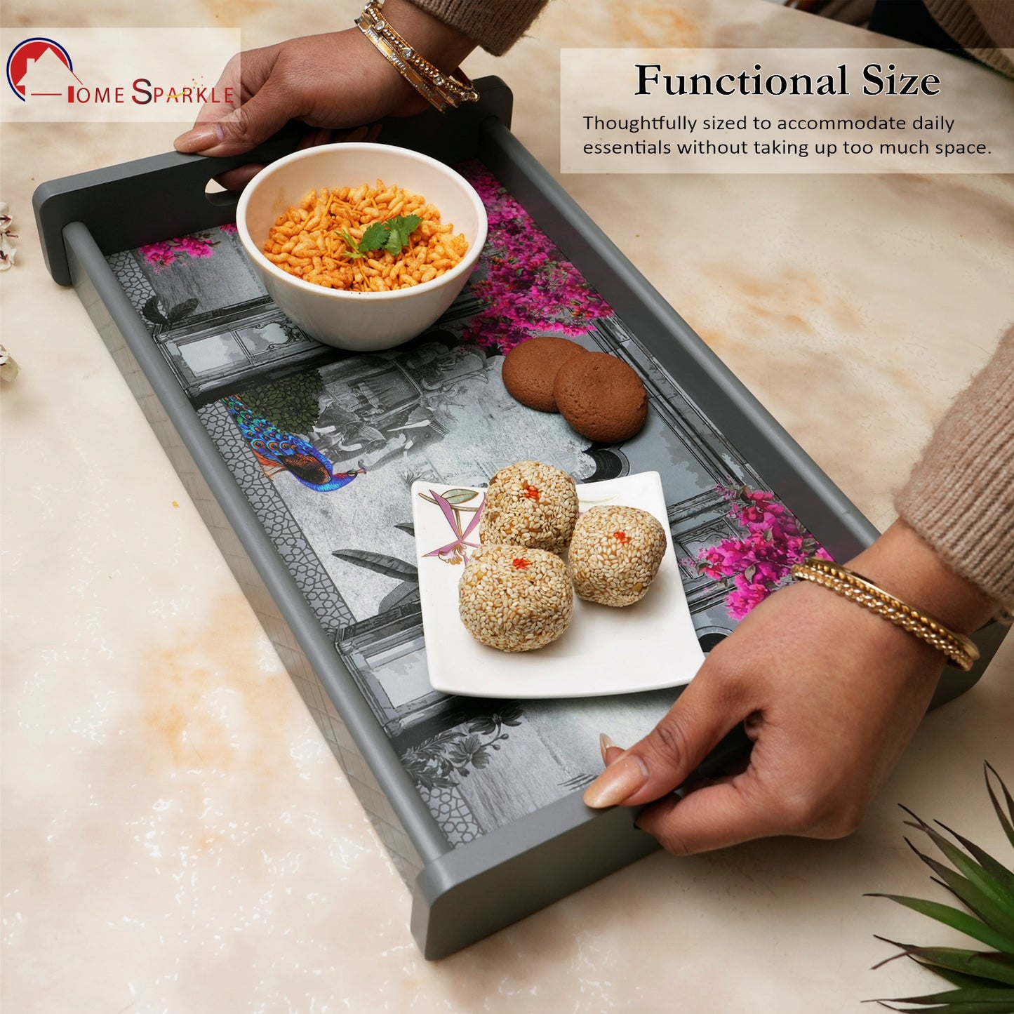 HomeSparkle Wooden Serving Tray Set of 3 – Sizes 16x10, 14x8 & 12x6 inch | Water-Resistant | MDF Print | Engineered Wood | Rectangular, Strong & Durable | Tray Set