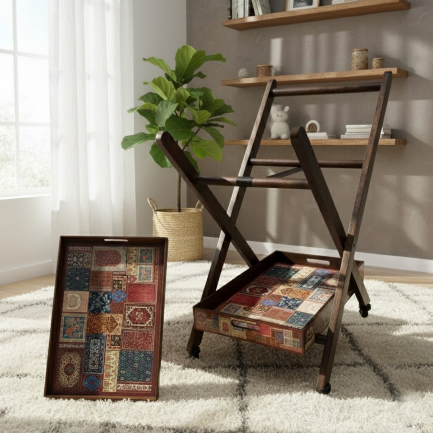 Home Sparkle Premium Folding Tea Trolley with 2 Removable Serving Trays | Wooden Rolling Serving Cart with Wheels | Mosaic Pattern | Kitchen, Dining & Living Room Utility Trolley