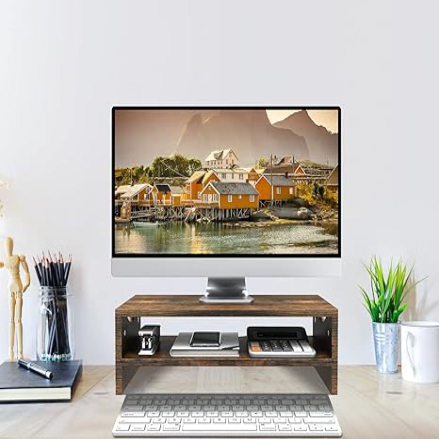 Home Sparkle Premium Wooden Monitor Stand Riser with Iron Frame | Desktop Organizer for Monitor, Laptop, Printer & Office Accessories | Rustic Brown