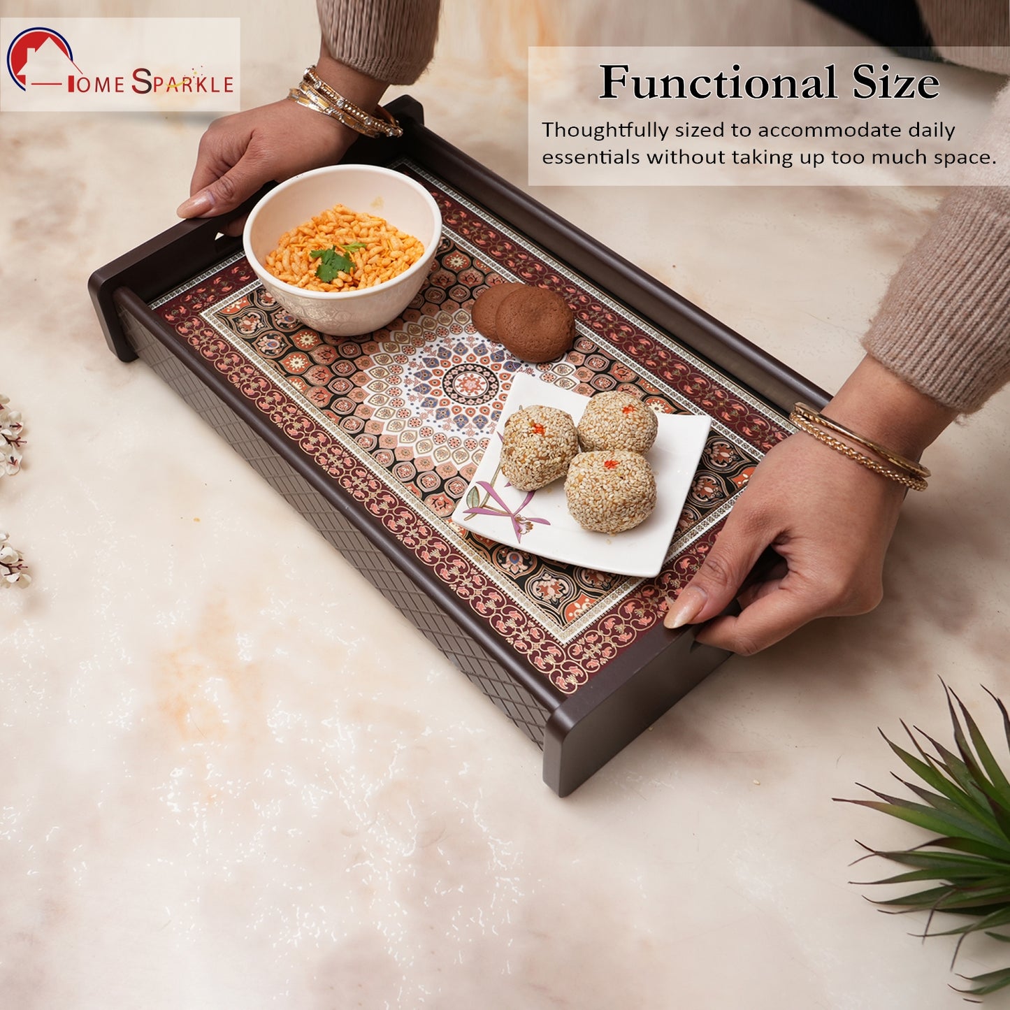 HomeSparkle Wooden Serving Tray Set of 3 – Sizes 16x10, 14x8 & 12x6 inch | Water-Resistant | MDF Print | Engineered Wood | Rectangular, Strong & Durable | Tray Set