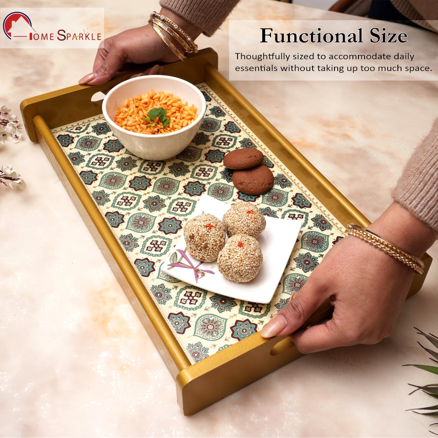 HomeSparkle Wooden Serving Tray Set of 3 – Sizes 16x10, 14x8 & 12x6 inch | Water-Resistant | MDF Print | Engineered Wood | Rectangular, Strong & Durable | Tray Set