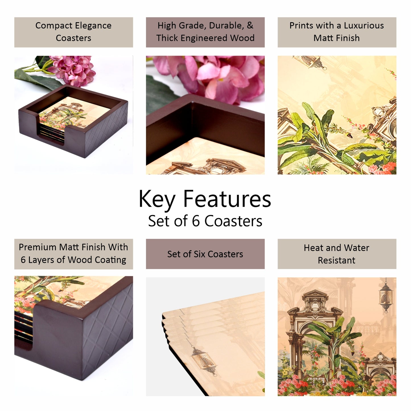 Coasters Set for Dining Table – Tea Coasters for Cups & Mugs | Elegant Table Décor Accessories – Set of 6 with Holder – Durable & Stylish