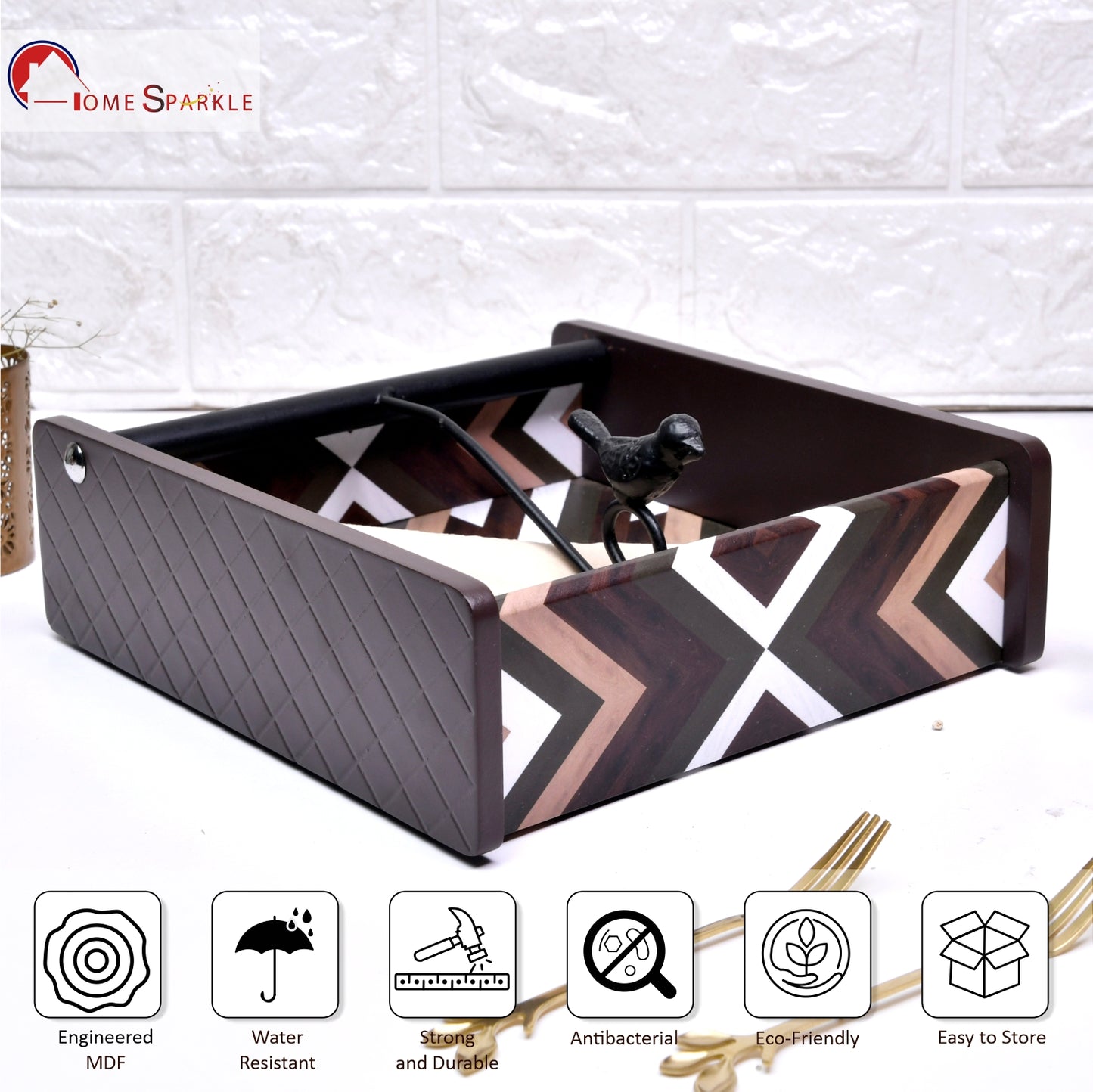 Decorative Wooden Tissue Box Holder for Dining Table & Living Room | Elegant Napkin Organizer with Printed Design