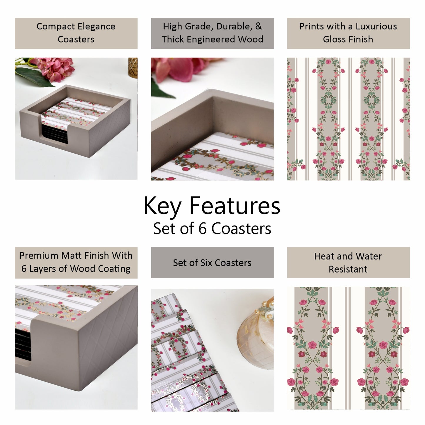 Coasters Set for Dining Table – Tea Coasters for Cups & Mugs | Elegant Table Décor Accessories – Set of 6 with Holder – Durable & Stylish