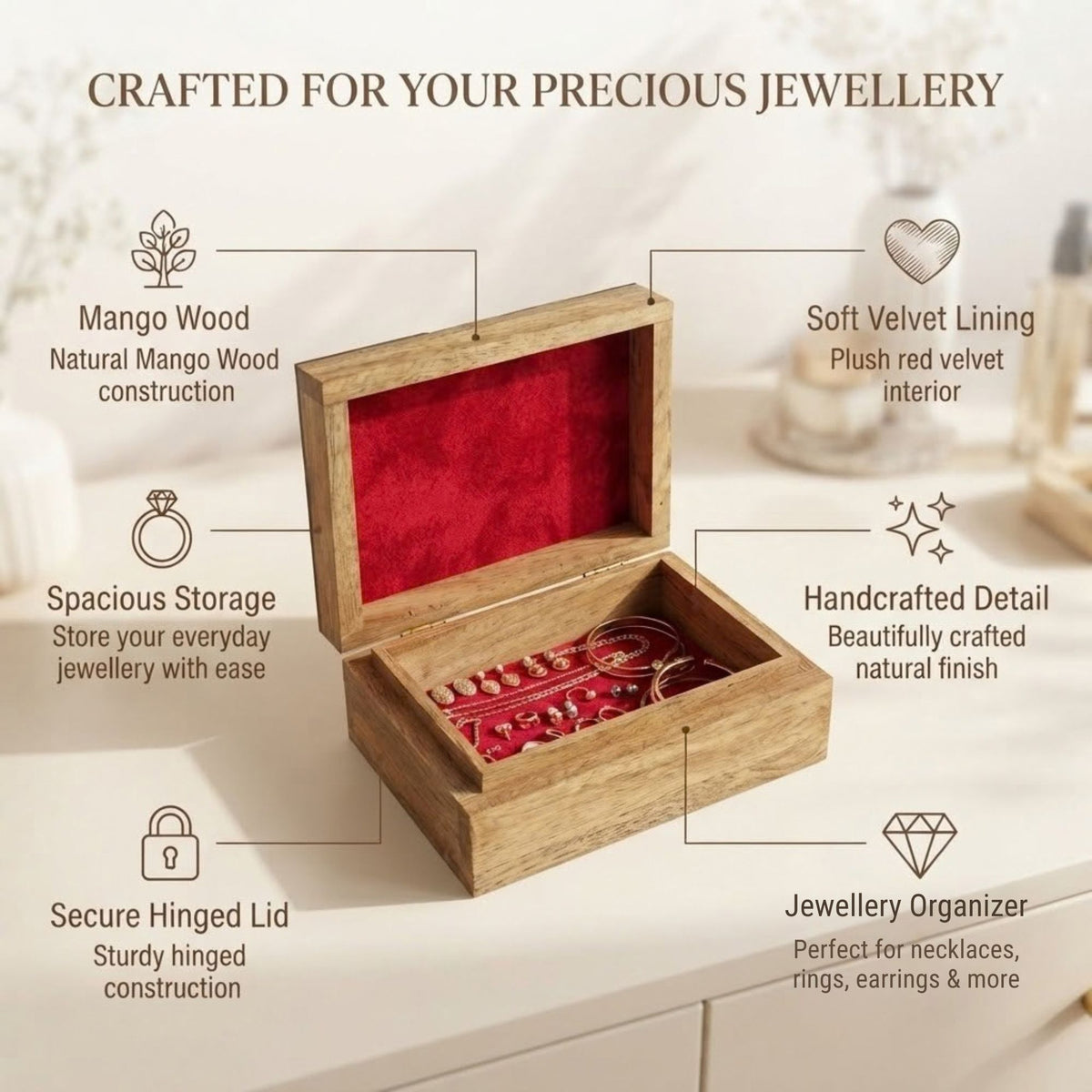 Home Sparkle Mango Wood Jewellery Box – Premium Wooden Jewellery Organizer