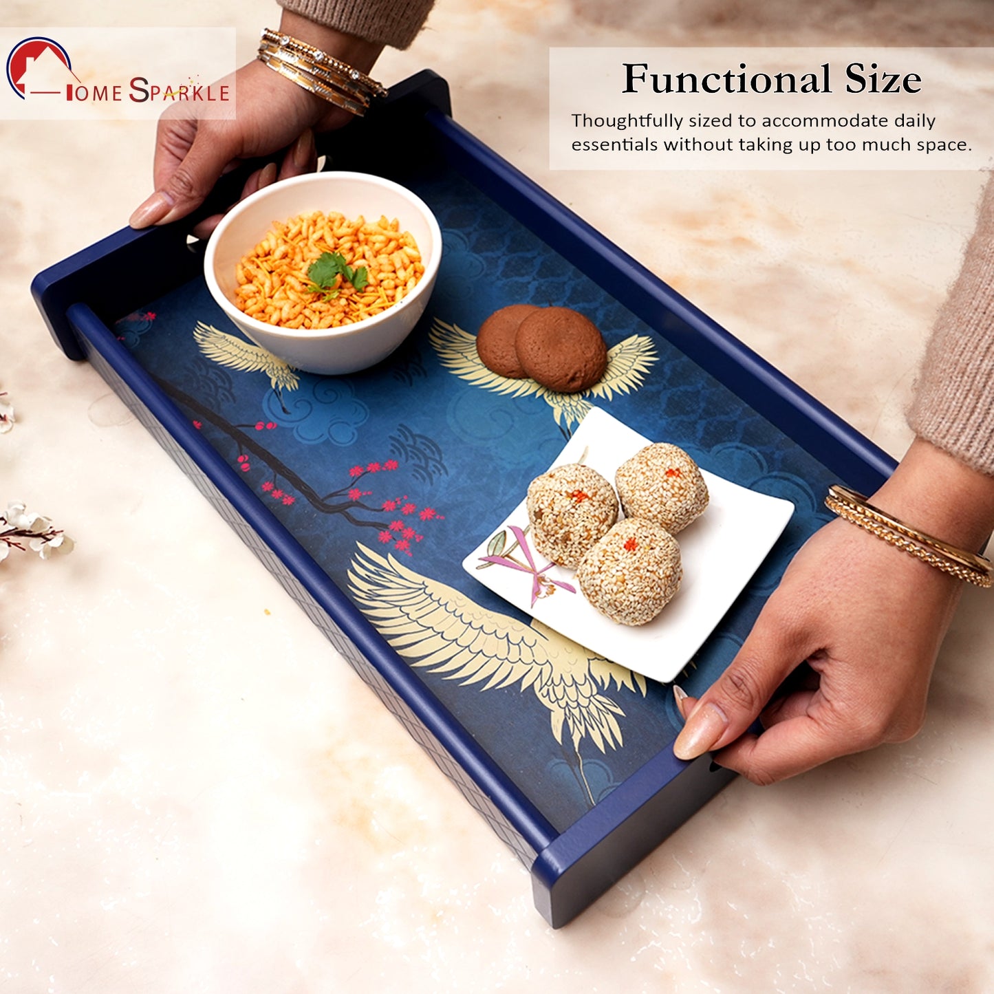 Home Sparkle Wooden Serving Tray Set of 3 – Sizes 16x10, 14x8 & 12x6 inch | Water-Resistant | MDF Print | Engineered Wood | Rectangular, Strong & Durable | Tray Set