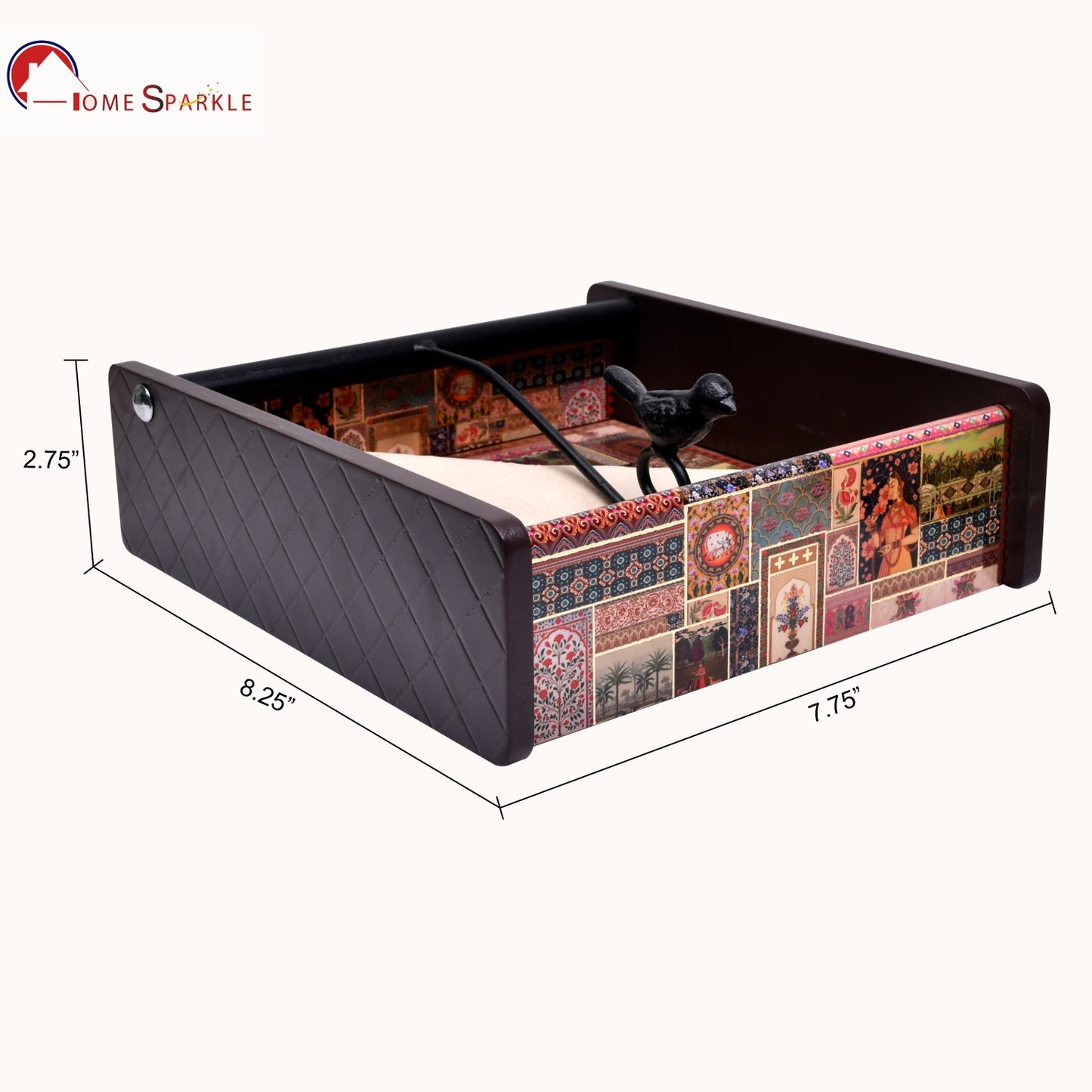 Wooden Tissue Box Holder for Dining Table & Living Room | Elegant Printed Napkin Organizer with Metal Handle