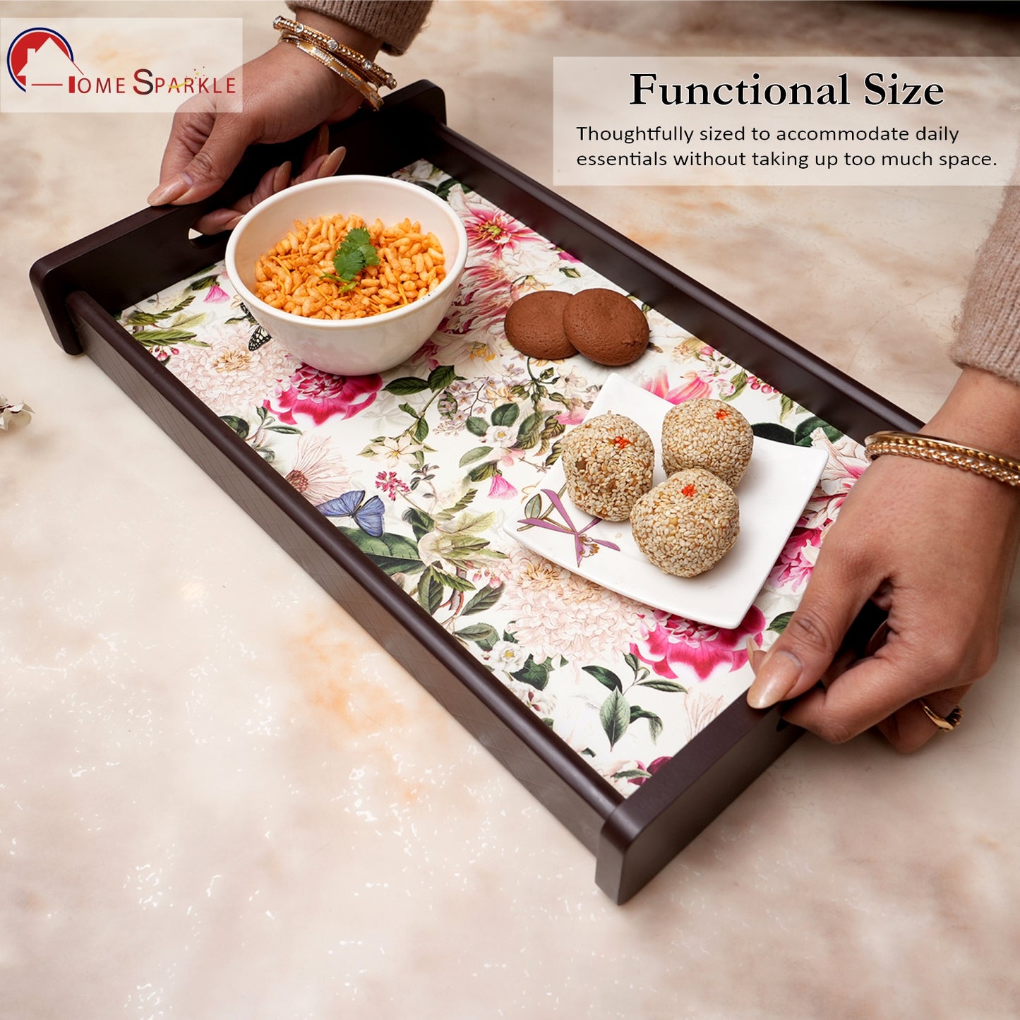 HomeSparkle Wooden Serving Tray Set of 3 – Sizes 16x10, 14x8 & 12x6 inch | Water-Resistant | MDF Print | Engineered Wood | Rectangular, Strong & Durable | Tray Set