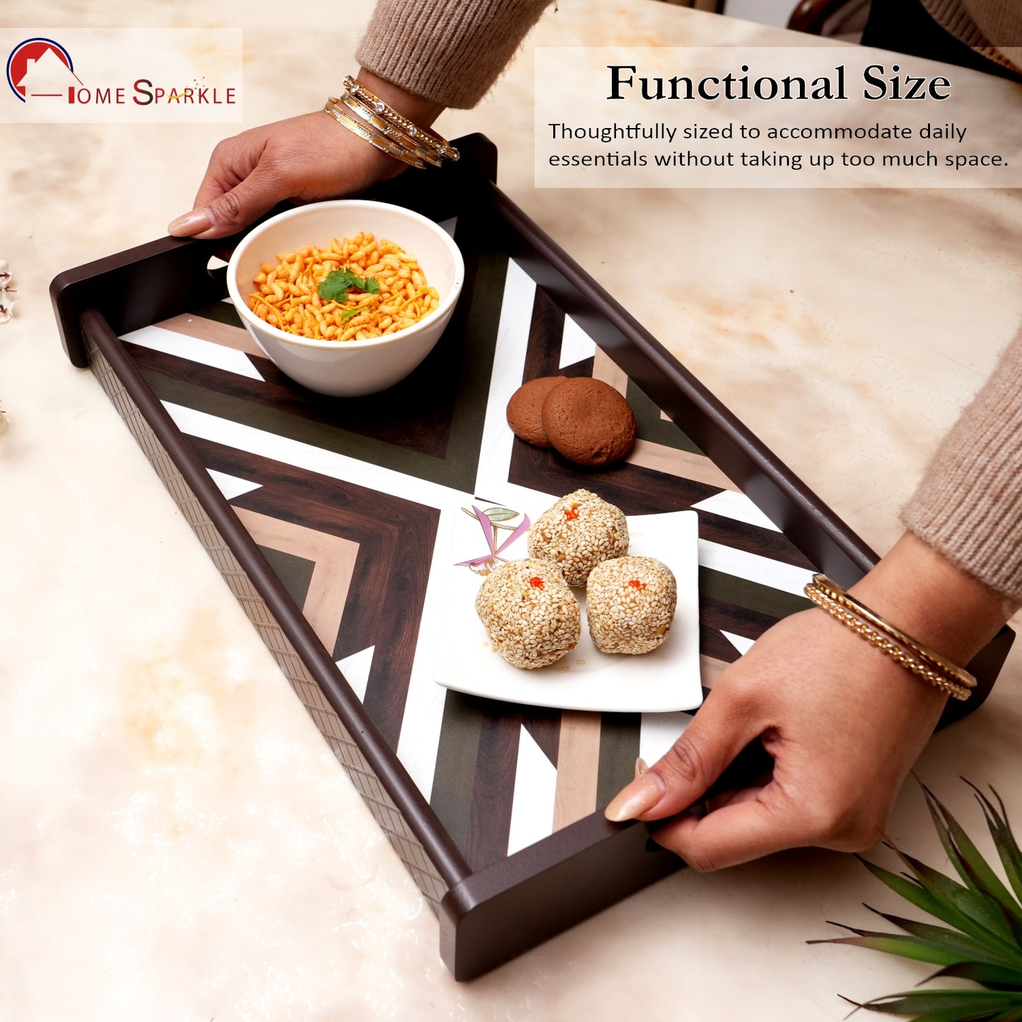 HomeSparkle Wooden Serving Tray Set of 3 – Sizes 16x10, 14x8 & 12x6 inch | Water-Resistant | MDF Print | Engineered Wood | Rectangular, Strong & Durable | Tray Set