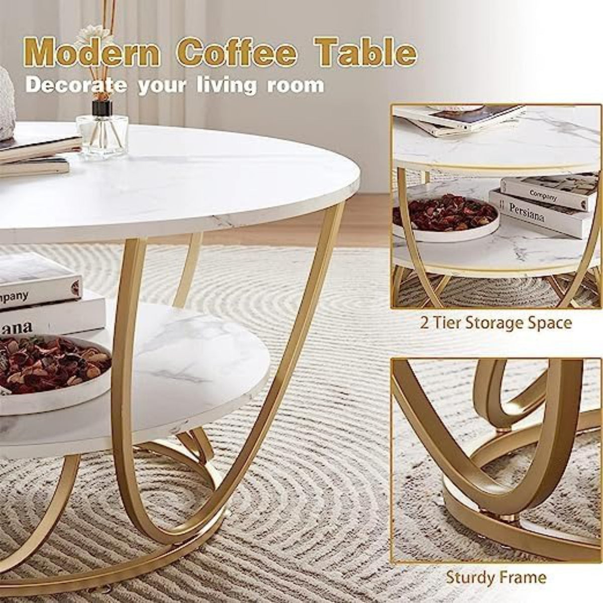 Home Sparkle Round Tier Coffee Table | White Marble Finish with Gold Metal Frame | Modern Luxury Living Room Table