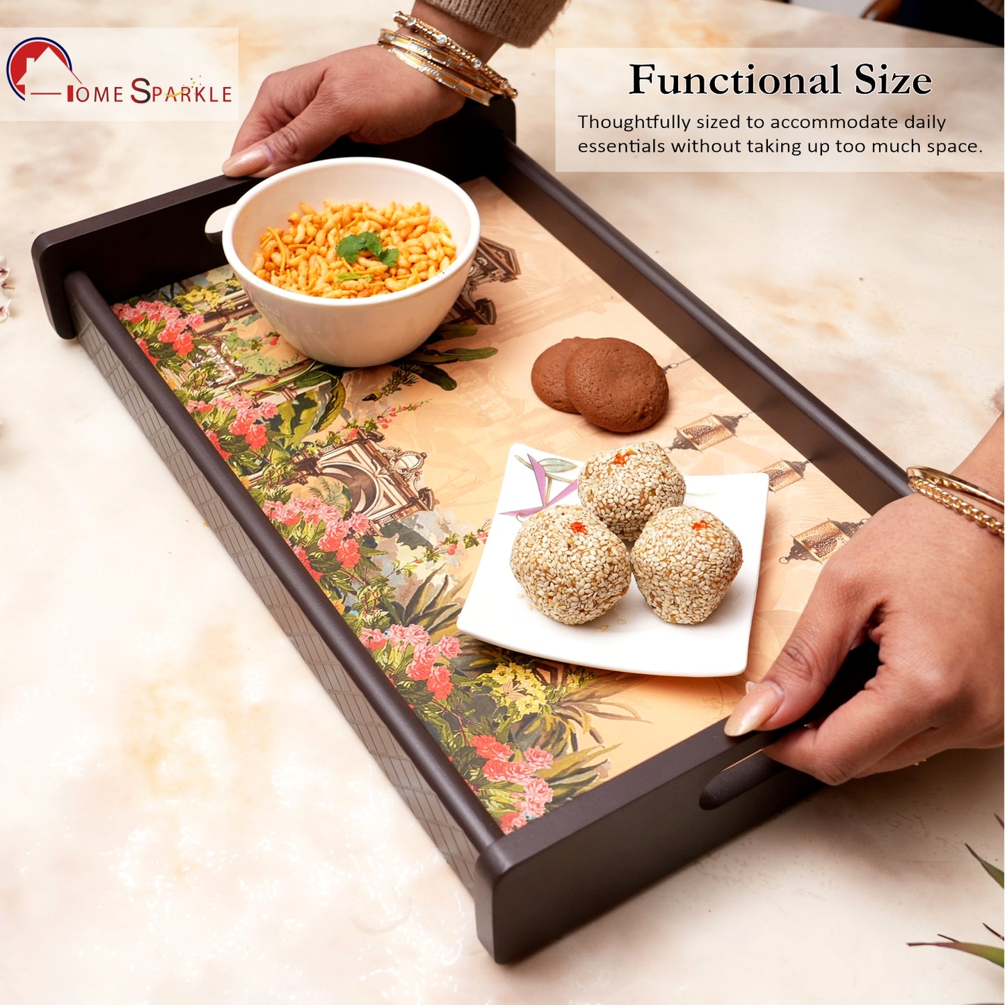 HomeSparkle Wooden Serving Tray Set of 3 – Sizes 16x10, 14x8 & 12x6 inch | Water-Resistant | MDF Print | Engineered Wood | Rectangular, Strong & Durable | Tray Set