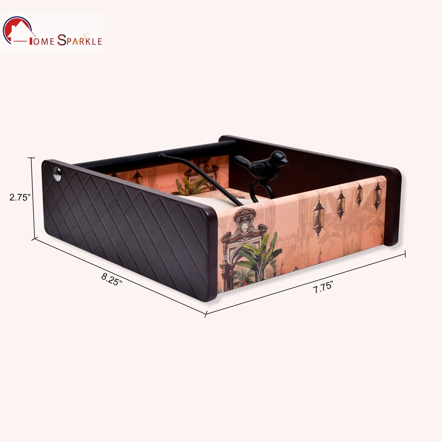 Wooden Tissue Box Holder for Dining Table & Living Room | Elegant Printed Napkin Organizer with Metal Handle
