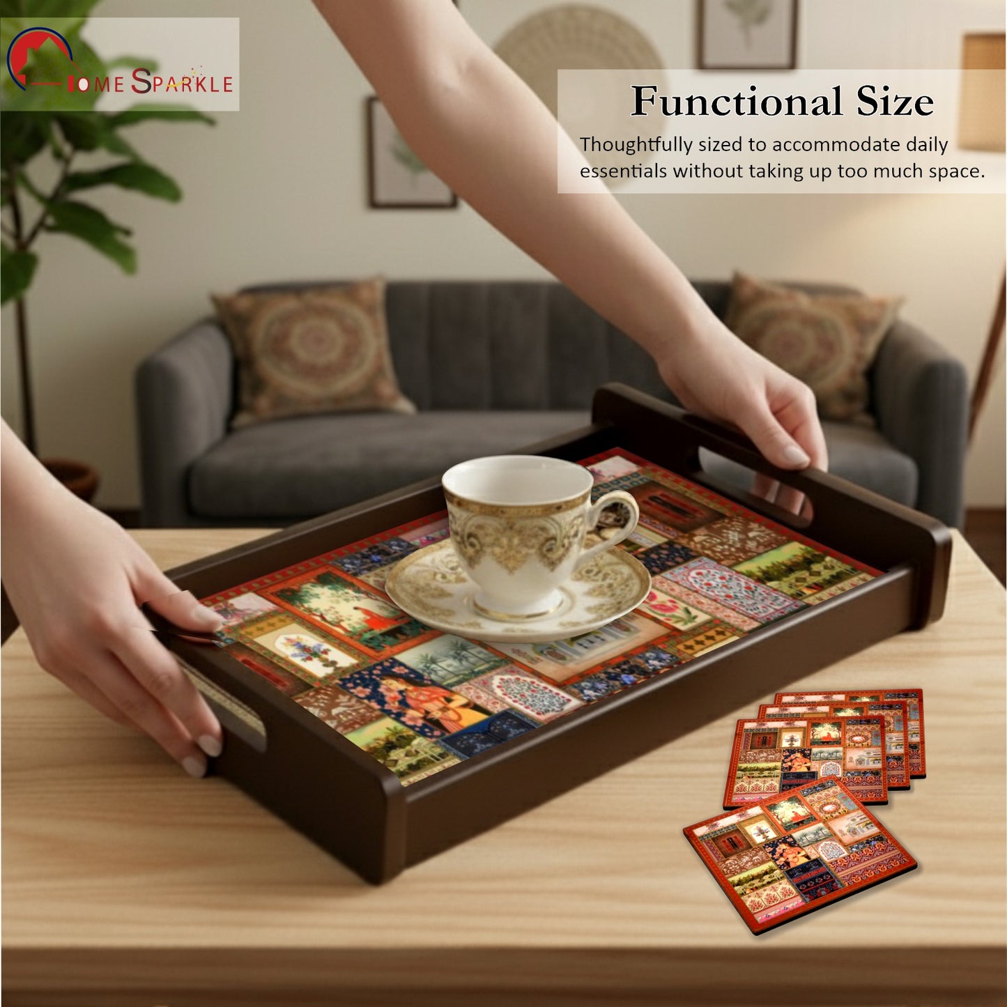 Wooden Serving Tray – 17.75" x 12" x 2.75", Reversible Water-Resistant Tray, Engineered Wood, Multipurpose Tray for Kitchen, Dining & Home Decor – Stylish & Strong