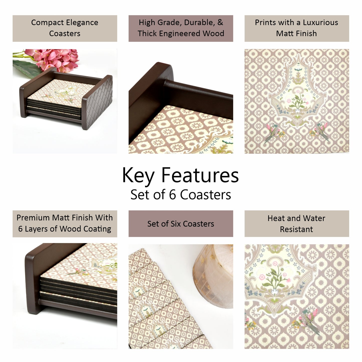 Set of 6 elegant tea coasters with holder — perfect for cups, mugs, and dining tables. Durable, stylish, and ideal for home décor or gifting.