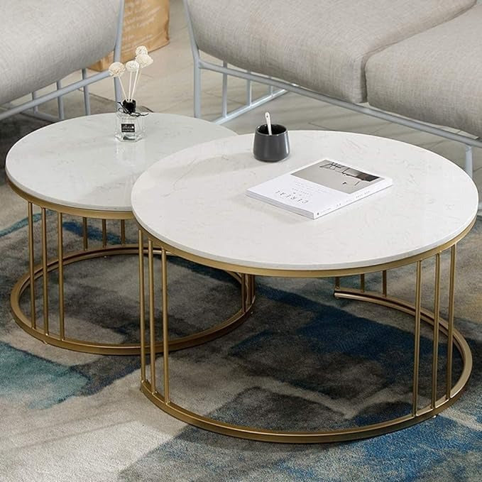Home Sparkle Modern Round Nesting Coffee Table Set | White Marble-Look Top with Gold Finish Metal Frame | Elegant Center Table Set for Living Room | Contemporary Home Décor