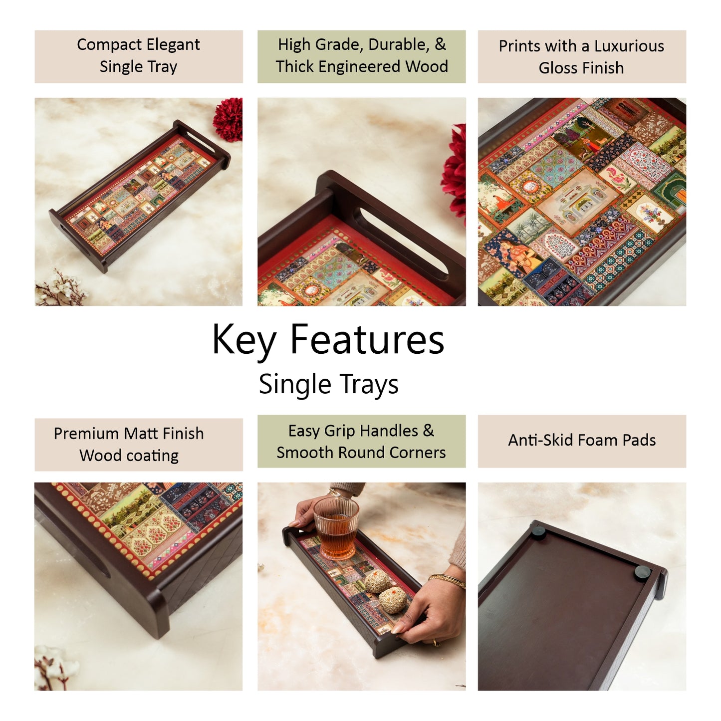 Rectangle Wooden Serving Tray | Elegant Printed Tray for Home & Café Décor