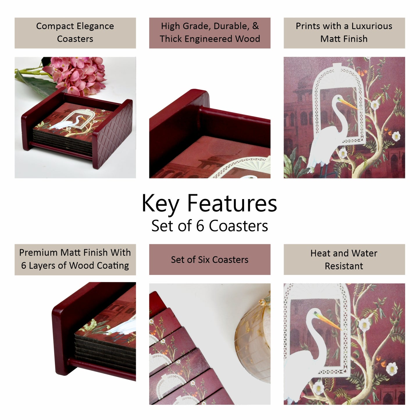 Coasters Set for Dining Table – Tea Coasters for Cups & Mugs | Elegant Table Décor Accessories – Set of 6 with Holder – Durable & Stylish