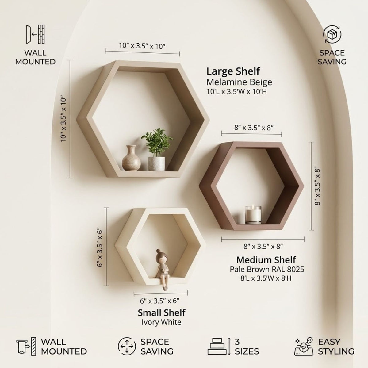 Hexagon Wall Shelf Set of 3 – Beige, Pale Brown & Ivory White