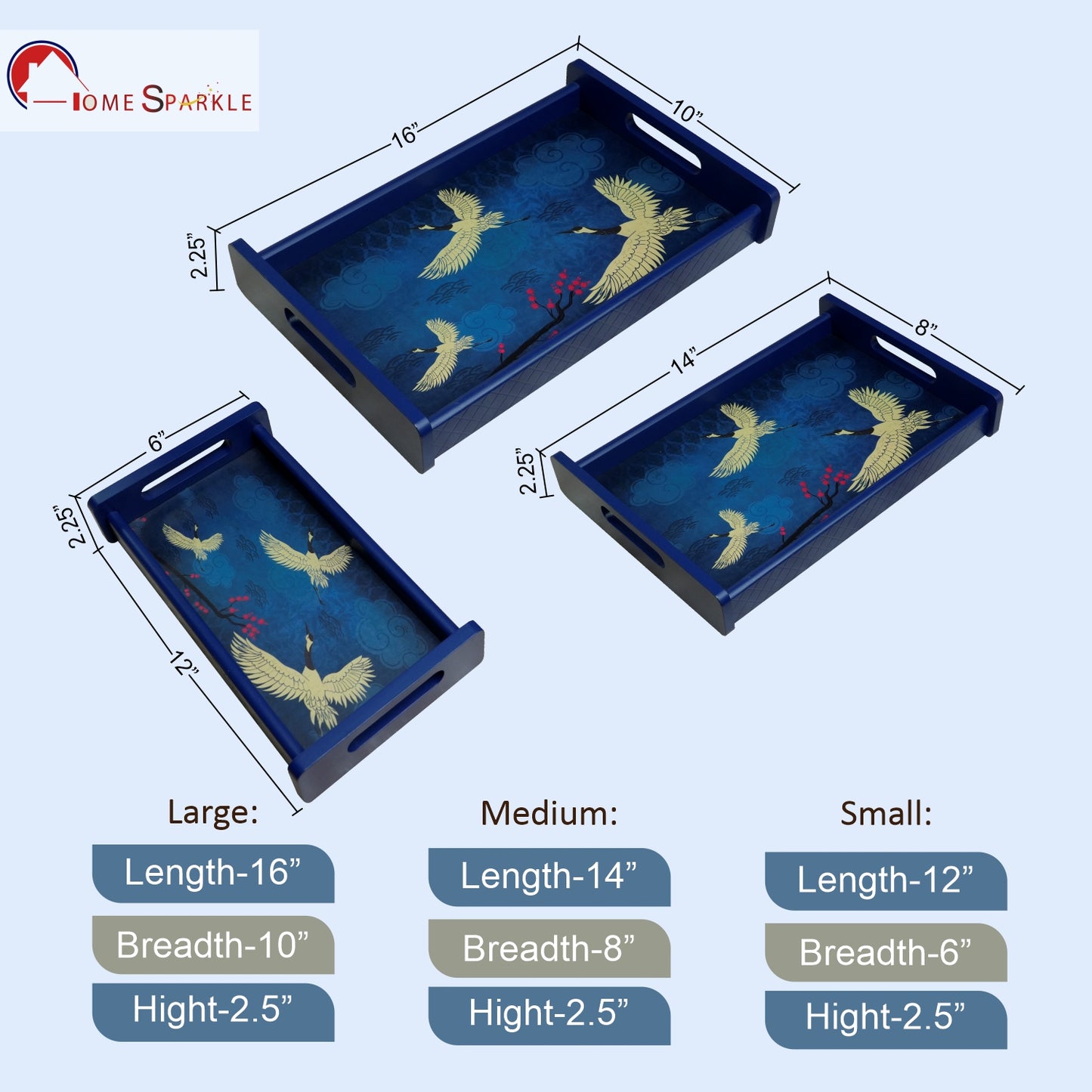 Home Sparkle Wooden Serving Tray Set of 3 – Sizes 16x10, 14x8 & 12x6 inch | Water-Resistant | MDF Print | Engineered Wood | Rectangular, Strong & Durable | Tray Set