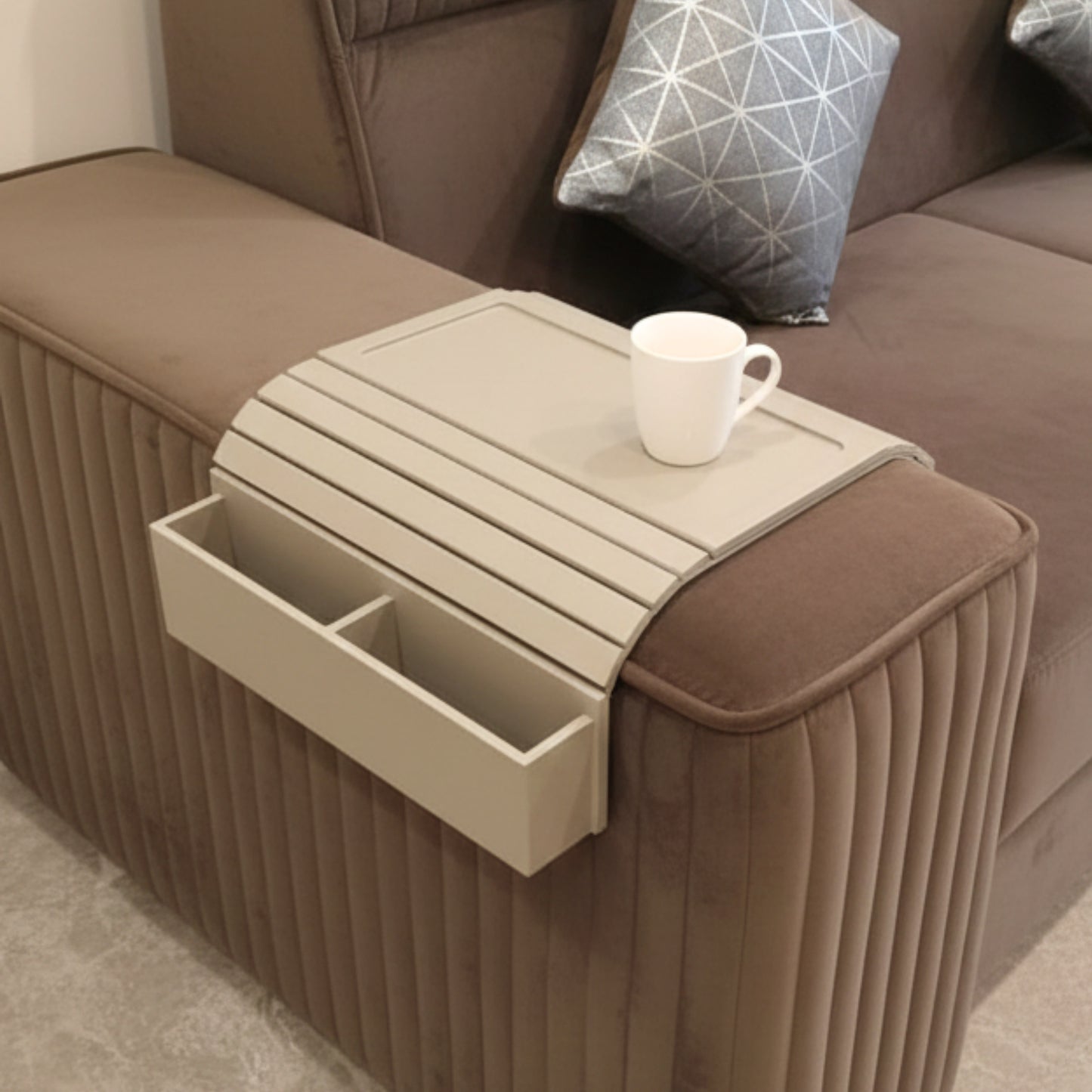 Home Sparkle Wooden Sofa Armrest Tray with Storage Drawer | Multifunctional Couch Organizer & Side Table | Coffee Cup Holder & Remote Storage Tray | Beige Finish
