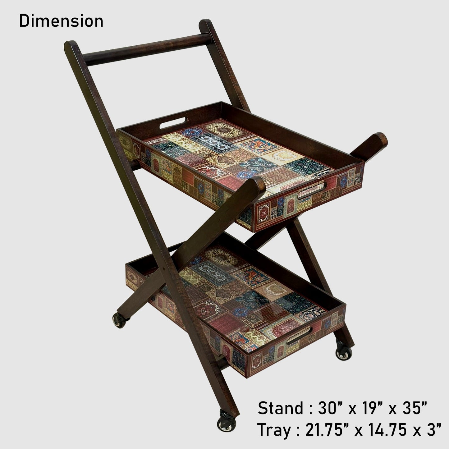Home Sparkle Premium Folding Tea Trolley with 2 Removable Serving Trays | Wooden Rolling Serving Cart with Wheels | Mosaic Pattern | Kitchen, Dining & Living Room Utility Trolley