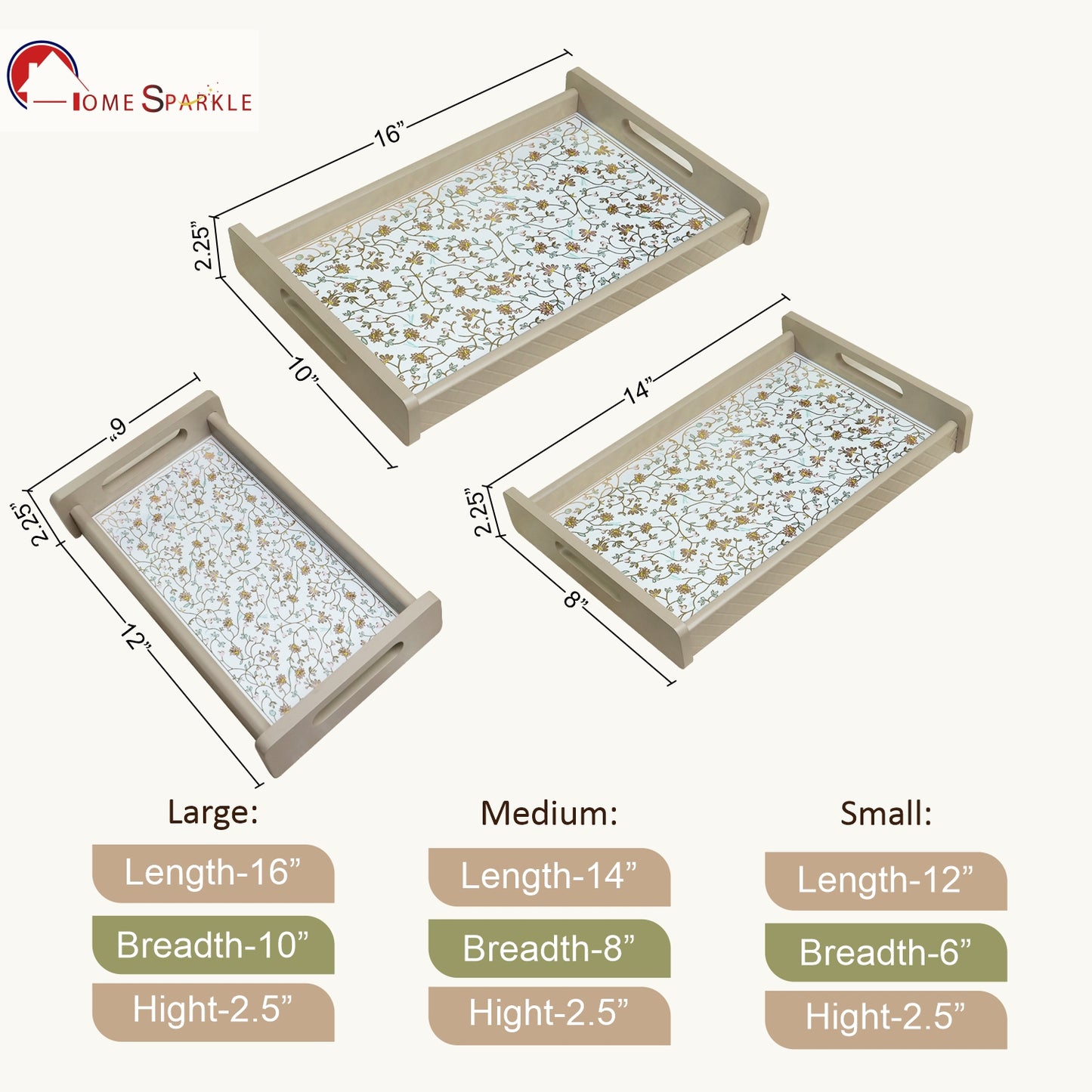 Wooden Serving Tray Set of 3 – Sizes 16x10, 14x8 & 12x6 inch | Water-Resistant | MDF Print | Engineered Wood | Rectangular, Strong & Durable