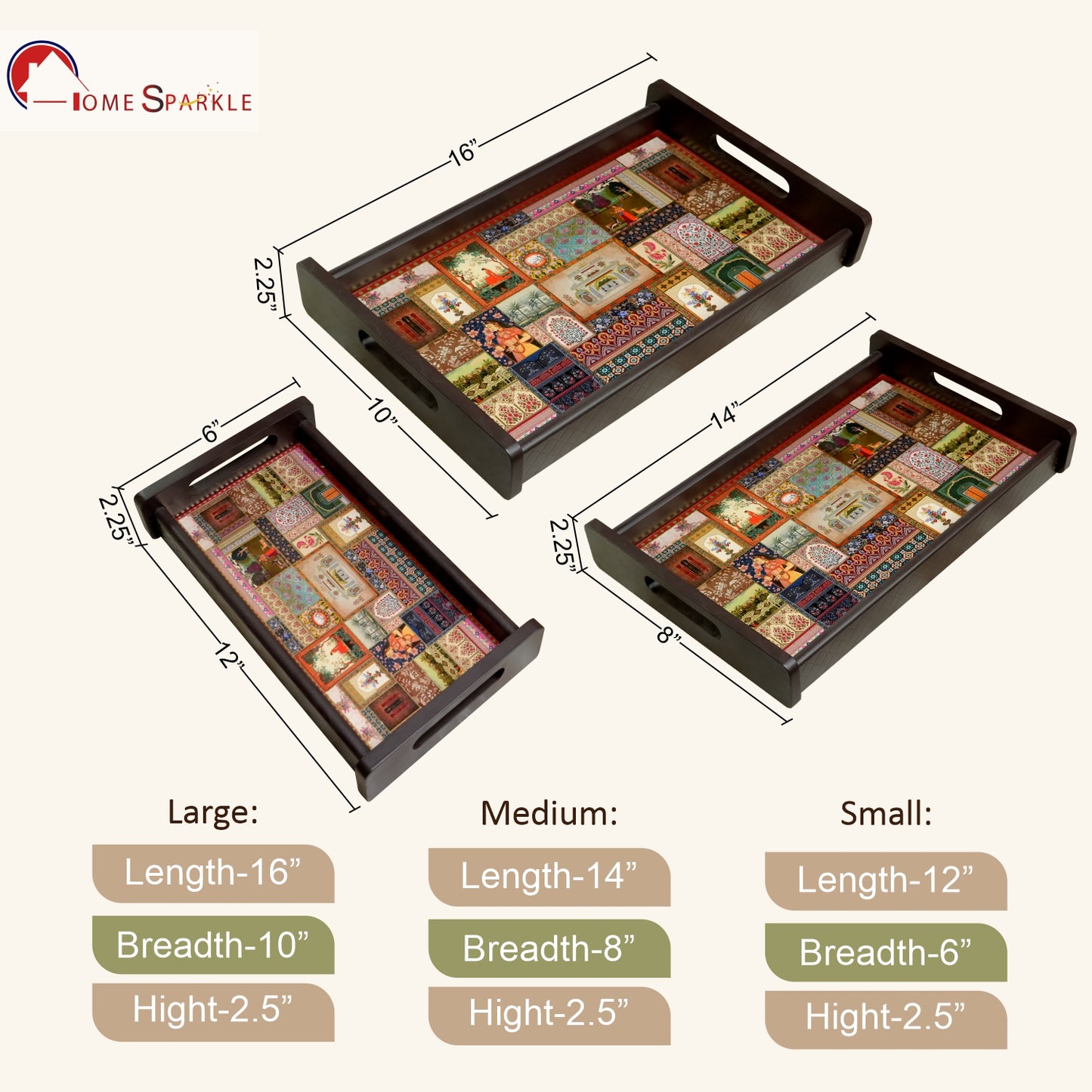 Home Sparkle Wooden Serving Tray Set of 3 | Decorative Printed MDF Breakfast & Coffee Trays with Handles | Multipurpose Serving & Organizer Trays | Water Resistant Finish