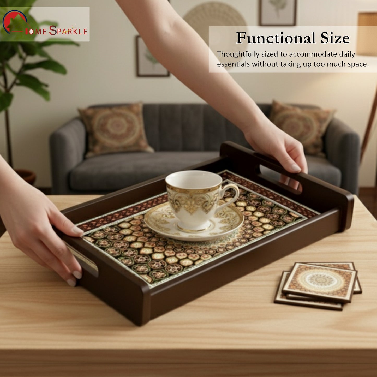 Wooden Serving Tray – 17.75" x 12" x 2.75", Reversible Water-Resistant Tray, Engineered Wood, Multipurpose Tray for Kitchen, Dining & Home Decor – Stylish & Strong