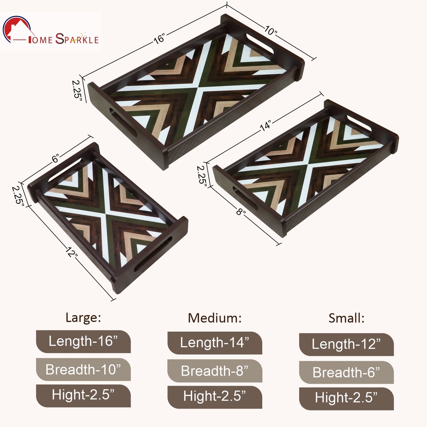 HomeSparkle Wooden Serving Tray Set of 3 – Sizes 16x10, 14x8 & 12x6 inch | Water-Resistant | MDF Print | Engineered Wood | Rectangular, Strong & Durable | Tray Set