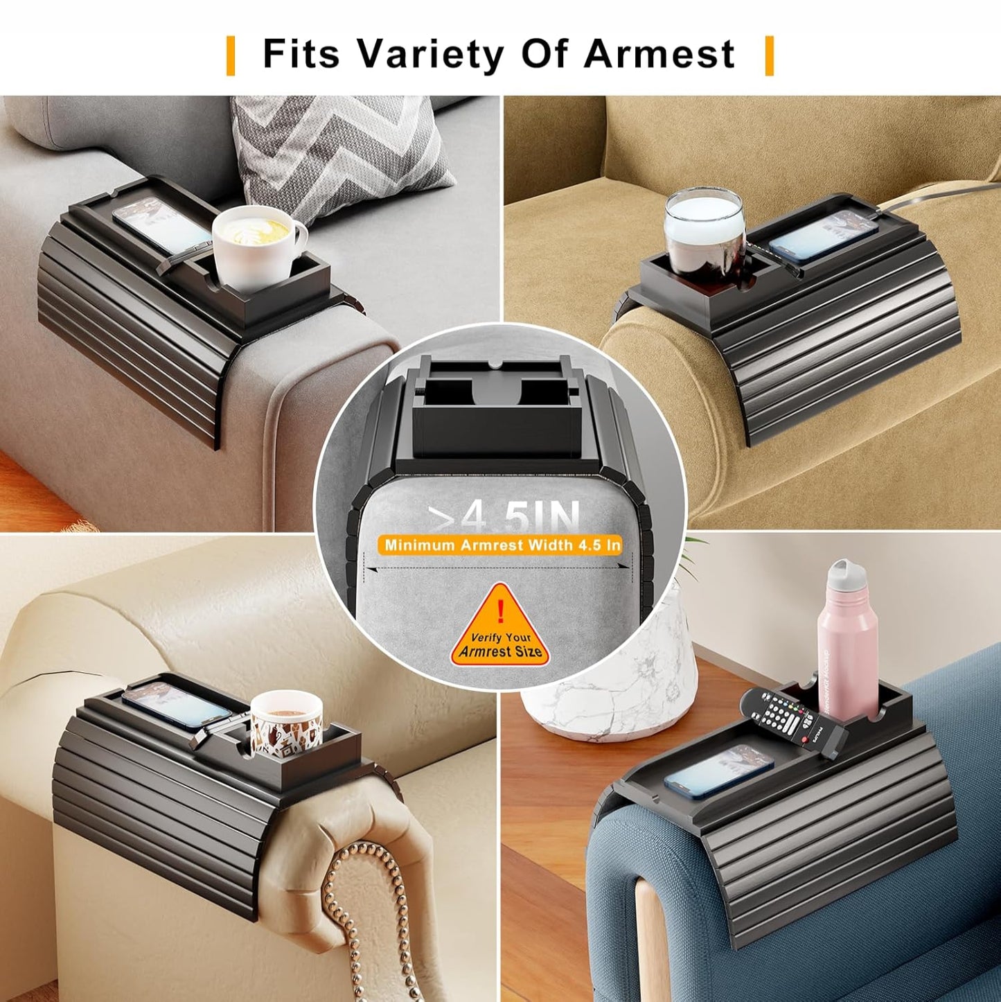 Home Sparkle Bamboo Couch Armrest Tray 2 in 1 - Cup Holder & Sofa Arm Tray - Anti-Slip, Foldable - Black