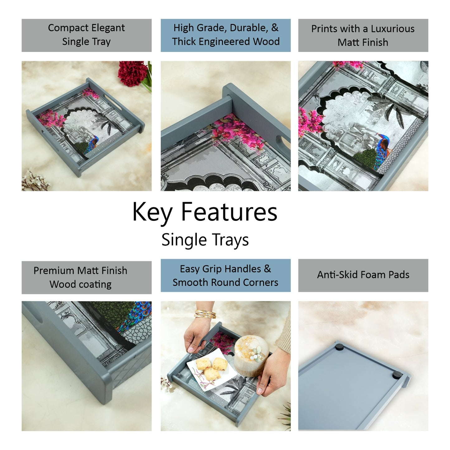 Square Wooden Serving Tray | Elegant Printed Tray for Home & Café Décor