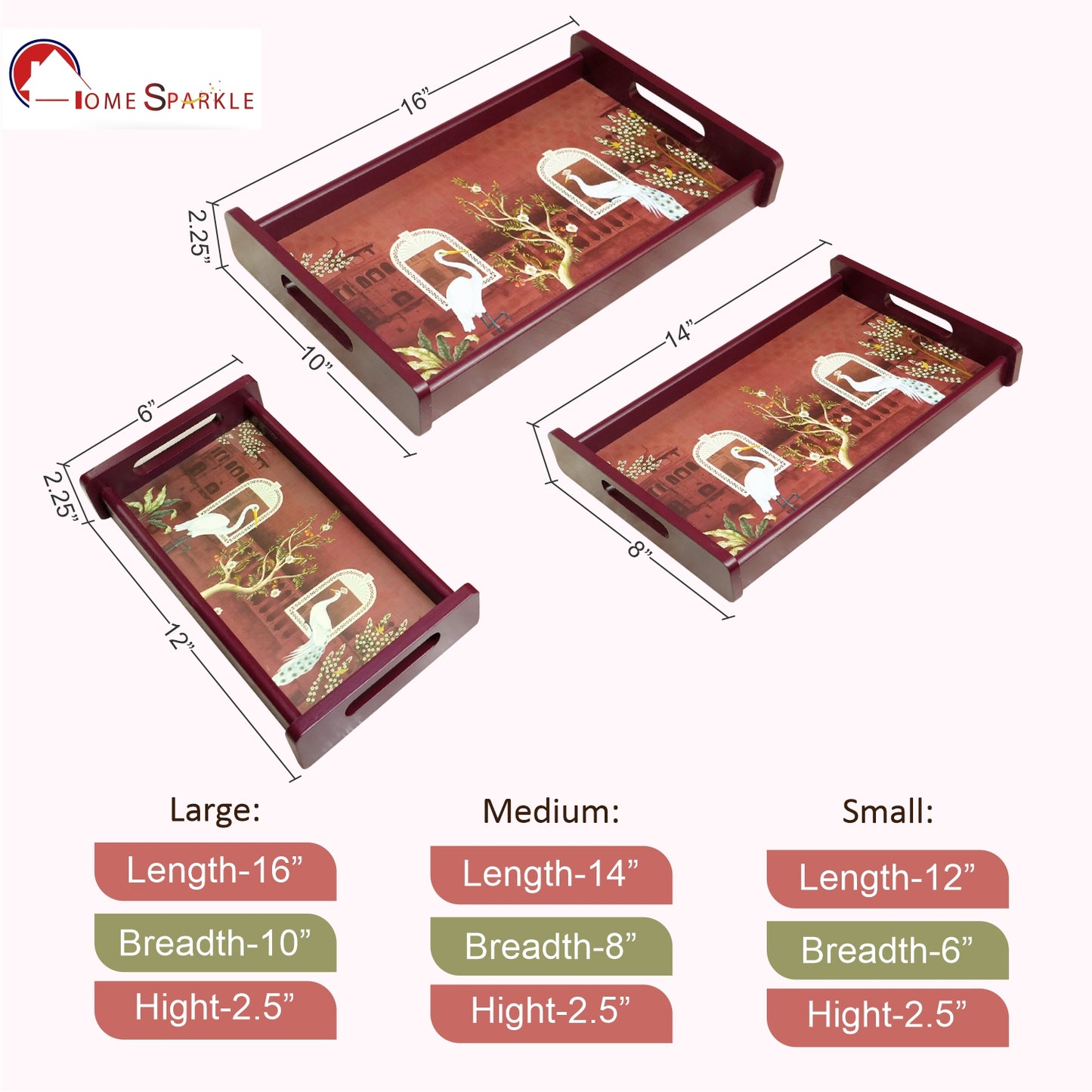 HomeSparkle Wooden Serving Tray Set of 3 – Sizes 16x10, 14x8 & 12x6 inch | Water-Resistant | MDF Print | Engineered Wood | Rectangular, Strong & Durable | Tray Set