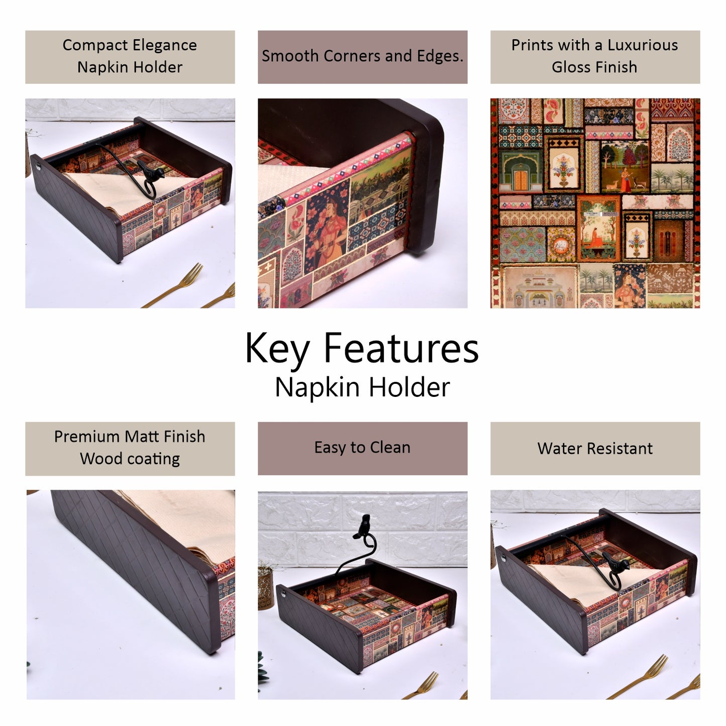 Wooden Tissue Box Holder for Dining Table & Living Room | Elegant Printed Napkin Organizer with Metal Handle