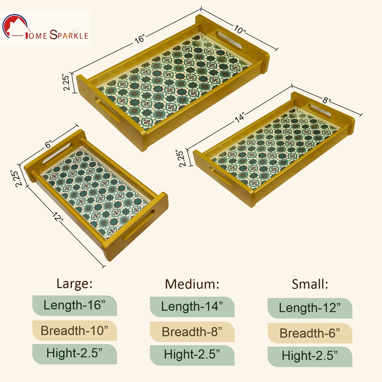 HomeSparkle Wooden Serving Tray Set of 3 – Sizes 16x10, 14x8 & 12x6 inch | Water-Resistant | MDF Print | Engineered Wood | Rectangular, Strong & Durable | Tray Set