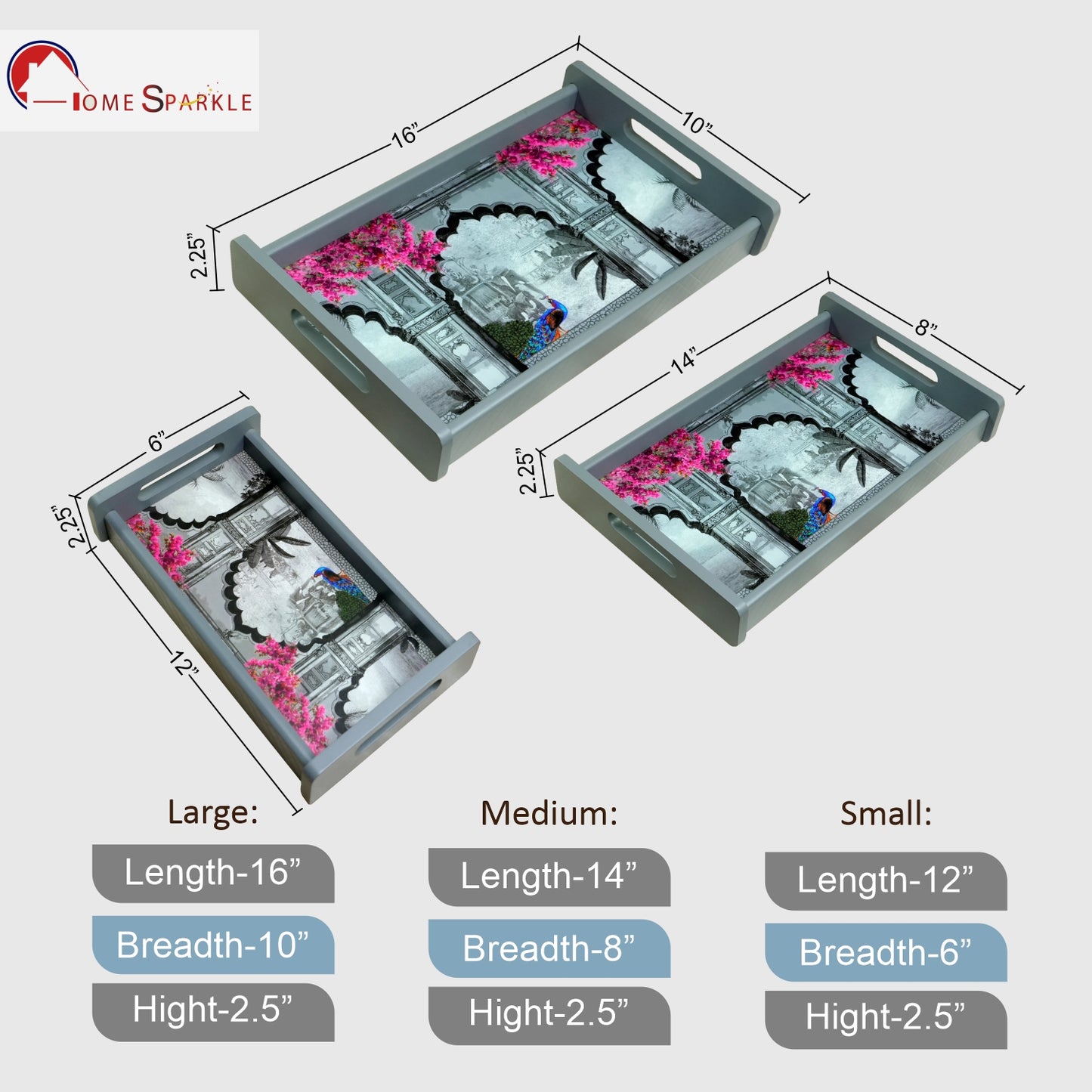 HomeSparkle Wooden Serving Tray Set of 3 – Sizes 16x10, 14x8 & 12x6 inch | Water-Resistant | MDF Print | Engineered Wood | Rectangular, Strong & Durable | Tray Set