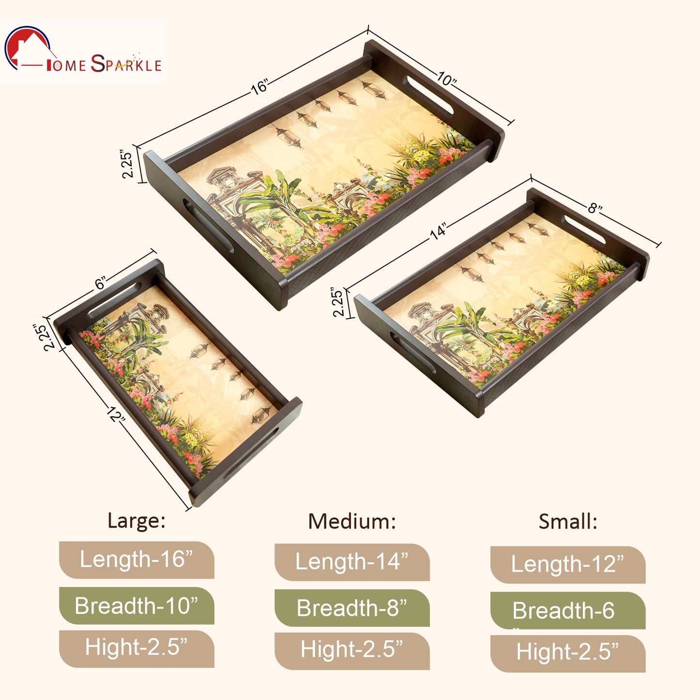 HomeSparkle Wooden Serving Tray Set of 3 – Sizes 16x10, 14x8 & 12x6 inch | Water-Resistant | MDF Print | Engineered Wood | Rectangular, Strong & Durable | Tray Set