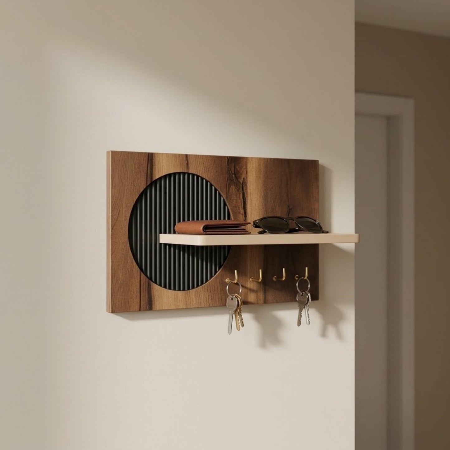 Home Sparkle Modern Black Circle Key Holder with Shelf | Wooden Wall Mounted Key Organizer