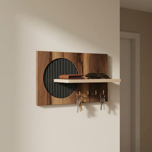 Home Sparkle Modern Black Circle Key Holder with Shelf | Wooden Wall Mounted Key Organizer