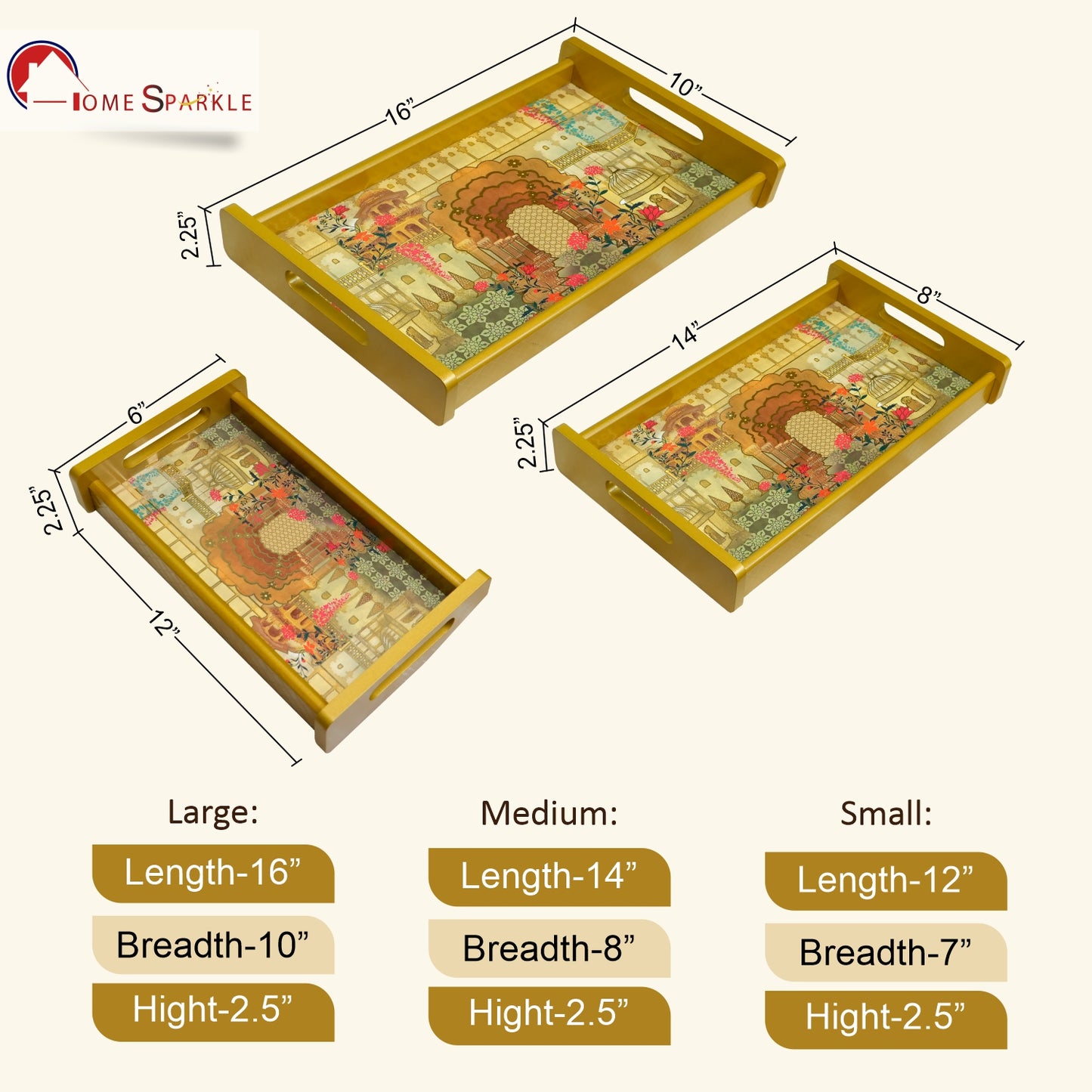 Set of 3 Printed Wooden Serving Trays for Kitchen, Tea, Coffee & Snacks | Decorative MDF Tray Set for Home & Gifting