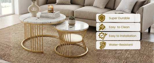 Home Sparkle Round Coffee Table Set of 2 | Premium Marble Finish with Gold Metal Frame | Modern Nesting Tables