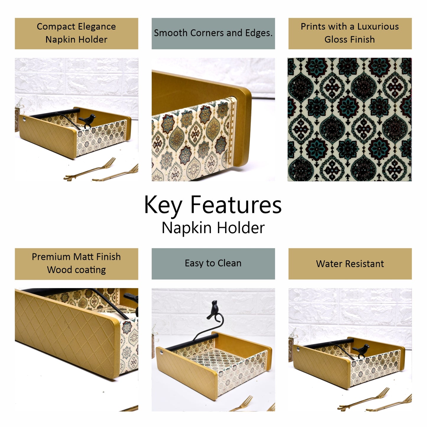 Wooden Tissue Box Holder for Dining Table & Living Room | Elegant Printed Napkin Organizer with Metal Handle