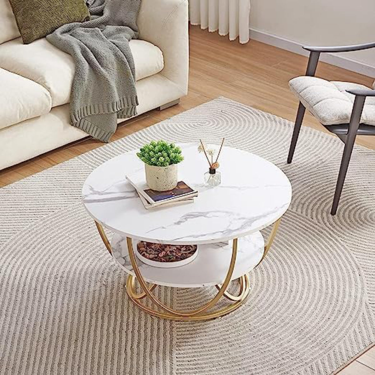 Home Sparkle Round Tier Coffee Table | White Marble Finish with Gold Metal Frame | Modern Luxury Living Room Table