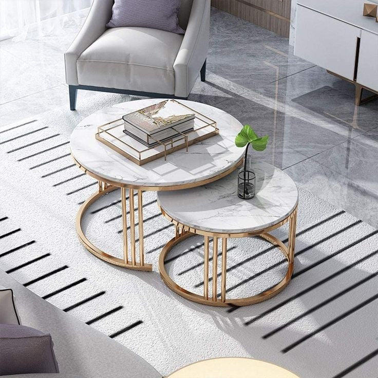 Home Sparkle Modern Round Nesting Coffee Table Set | White Marble-Look Top with Gold Finish Metal Frame | Elegant Center Table Set for Living Room | Contemporary Home Décor