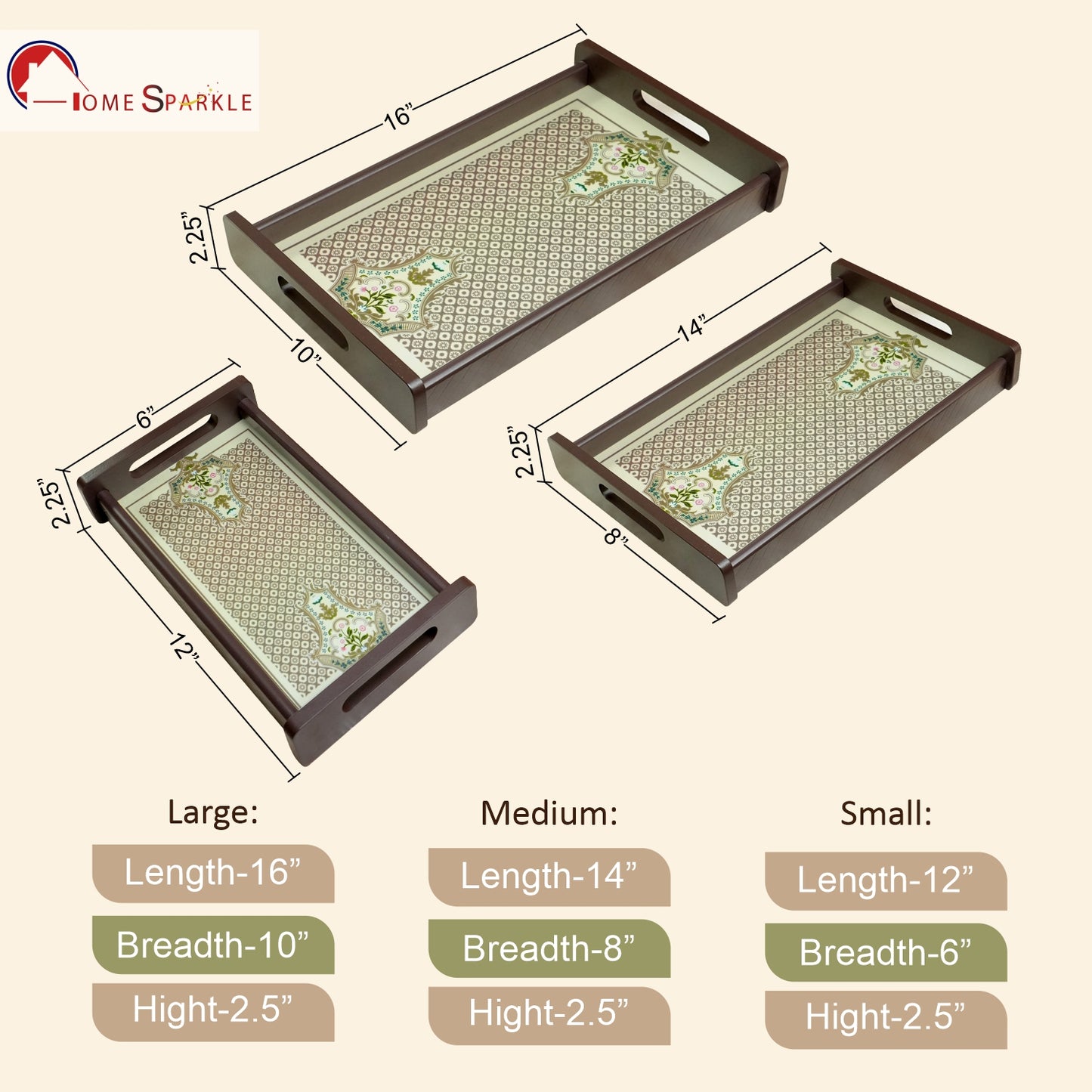 HomeSparkle Wooden Serving Tray Set of 3 – Sizes 16x10, 14x8 & 12x6 inch | Water-Resistant | MDF Print | Engineered Wood | Rectangular, Strong & Durable | Tray Set