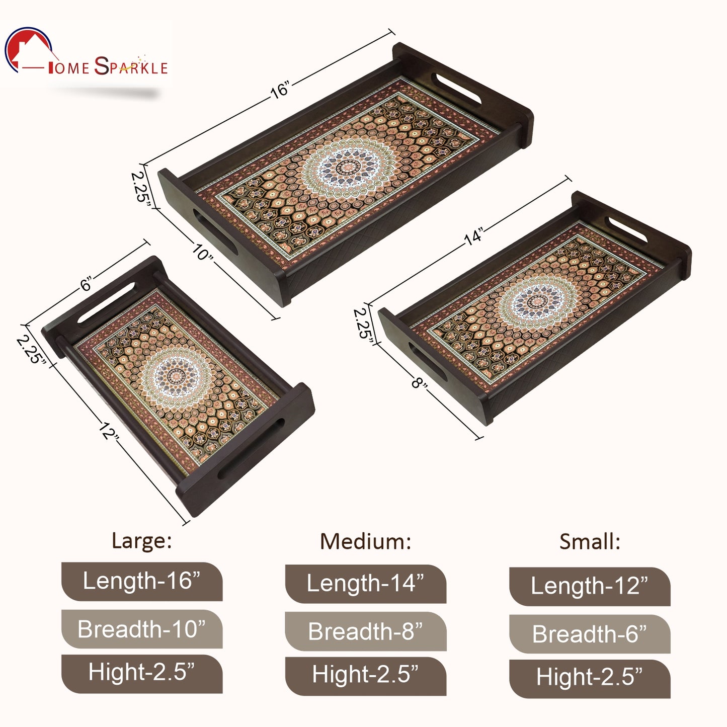 HomeSparkle Wooden Serving Tray Set of 3 – Sizes 16x10, 14x8 & 12x6 inch | Water-Resistant | MDF Print | Engineered Wood | Rectangular, Strong & Durable | Tray Set